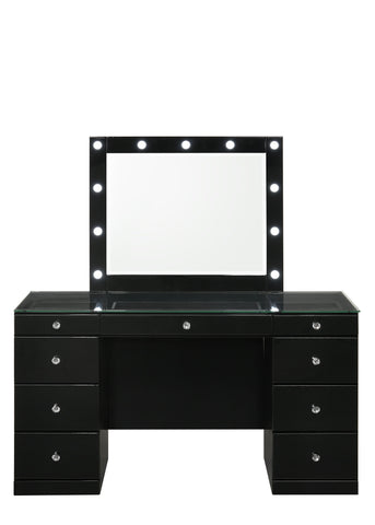 Avery - Vanity Desk With Glass Top, Led Mirror & Stool - Black